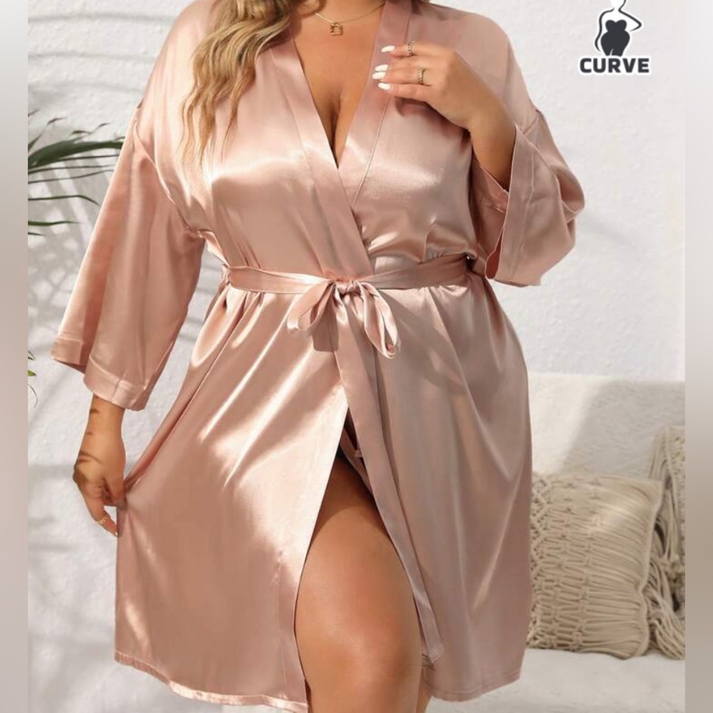 NWT Plus Letter Embroidery Belted Satin Robe